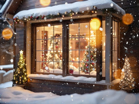 Cozy window with Christmas decor and warm light inside - view from outside the house. celebrate Christmas and New Year, Christmas tree, bokeh, snowの素材