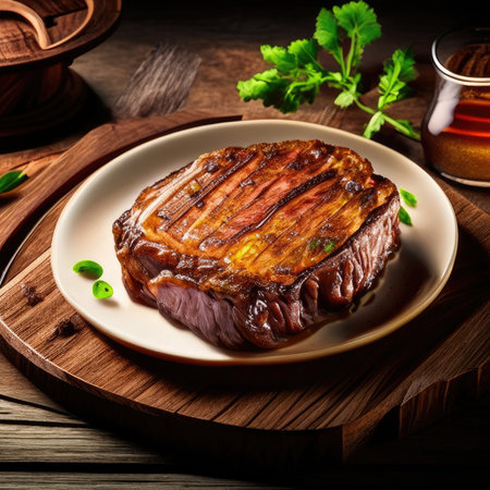 Delicious piece of meat steak on a wooden board with seasoning, herbs, pepper, close-up. Restaurant menu, cozy table, cinematic lightの素材