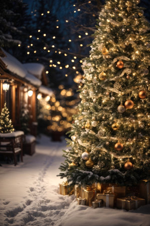Fairy Christmas tree in courtyard of a cozy house in the background glows with warm fairy lights with golden decor, boxes with gifts. Christmas and New Year, festive mood, greeting cardの素材