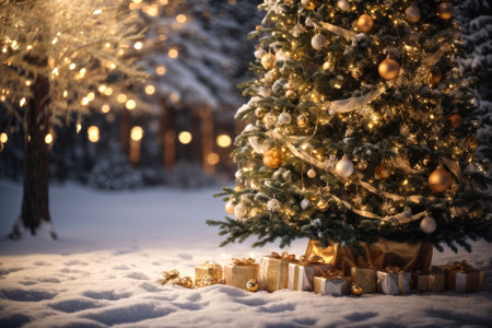 Fairy Christmas tree in courtyard of a cozy house in the background glows with warm fairy lights with golden decor, boxes with gifts. Christmas and New Year, festive mood, greeting cardの素材