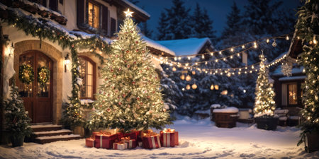 Fairy Christmas tree in courtyard of a cozy house in the background glows with warm fairy lights with golden decor, boxes with gifts. Christmas and New Year, festive mood, greeting cardの素材
