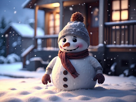 Kind, cartoon Funny snowman in a knitted hat and scarf in the yard on the background cozy house with warm light inside. Winter fairy tale, snowfall, snow entertainment, christmas and new yearの素材