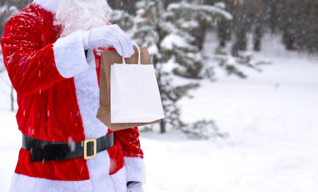 Santa Claus outdoor in winter and snow handing in hand eco paper bags with craft gift, food delivery. Shopping, packaging recycling, handmade, delivery for Christmas and New yearの写真素材
