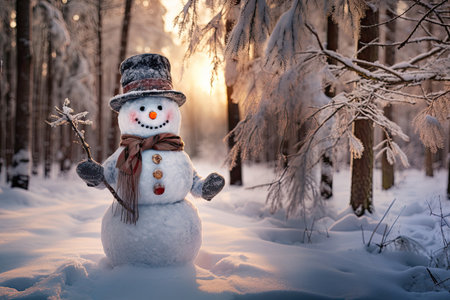 Kind Funny cartoon snowman in a knitted hat and scarf in the yard on the background cozy snow forest. Winter fairy tale, snowfall, snow entertainment, Christmas and new year. AI Generatedの素材