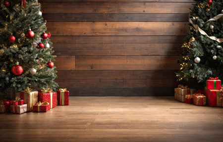 Empty wooden floor in brown and gold tones for product display with a wall in the interior of the room, with a Christmas decor. Copy space, Christmas and New Year. AI generatedの素材