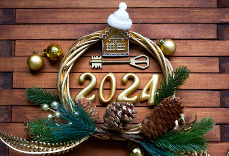 House key with keychain cottage on festive brown wooden background with stars, lights of garlands. New Year 2024 wooden letters, greeting card. Purchase, construction, relocation, mortgage, insuranceの写真素材