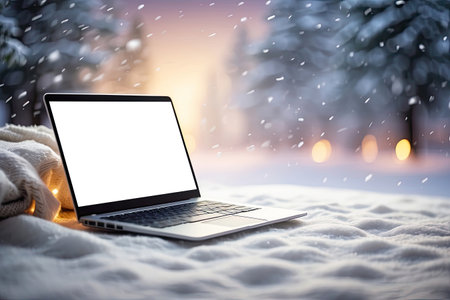 Laptop with a white screen mock up in winter, outdoor in the snow with a cozy blanket in a snowfall. Seasonal remote work, internet, shopping, Christmas and New Year. AI generatedの素材