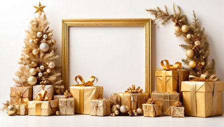 Golden decor christmas tree and gift boxes on a white background. Greeting card for Christmas and New Year with copy space and mock up. AI generatedの素材