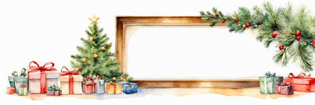 Watercolor framing christmas tree and gift boxes on a white background. Greeting card for Christmas and New Year with copy space. AI generatedの素材