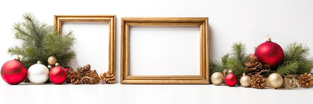 Traditional red and green framing christmas decor on a white background. Greeting card for Christmas and New Year with copy space and mock up. AI generatedの素材