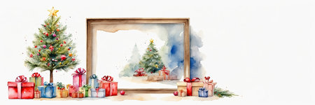 Watercolor framing christmas tree and gift boxes on a white background. Greeting card for Christmas and New Year with copy space. AI generatedの素材
