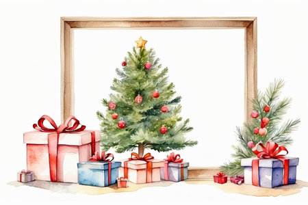 Watercolor framing christmas tree and gift boxes on a white background. Greeting card for Christmas and New Year with copy space. AI generatedの素材