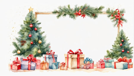 Watercolor framing christmas tree and gift boxes on a white background. Greeting card for Christmas and New Year with copy space. AI generatedの素材
