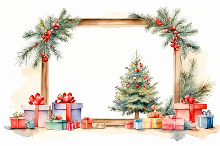 Watercolor framing christmas tree and gift boxes on a white background. Greeting card for Christmas and New Year with copy space. AI generatedの素材