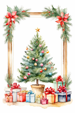 Watercolor framing christmas tree and gift boxes on a white background. Greeting card for Christmas and New Year with copy space. AI generatedの素材