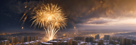 Golden volleys fireworks for Christmas and New Year in winter over a snowy city with multi-storey buildings, a panorama In the mountains. Banner. AI generatedの素材