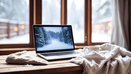 Laptop with a winter landscape screen, indoor on the table with a cozy blanket by the window with snow. Seasonal remote work, internet, shopping, Christmas and New Year. AI generatedの素材