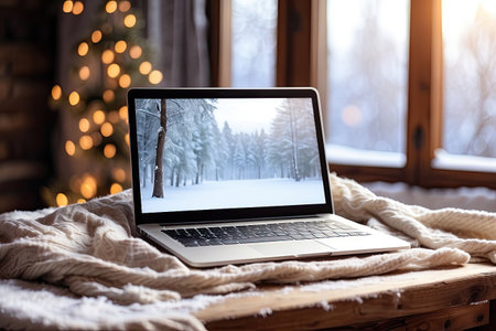 Laptop with a winter landscape screen, indoor on the table with a cozy blanket by the window with snow. Seasonal remote work, internet, shopping, Christmas and New Year. AI generatedの素材
