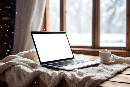 Laptop with a white screen mock up in winter, indoor on the table with a cozy blanket by the window with snow. Seasonal remote work, internet, shopping, Christmas and New Year. AI generatedの素材