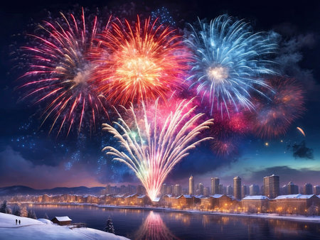 Colorful fireworks for Christmas and New Year in winter over a snowy city with multi-storey buildings, a river, a panorama. AI generatedの素材