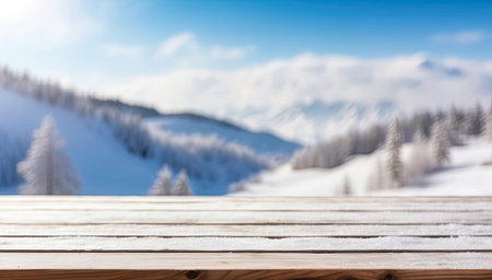 Empty wooden table, floor for a product display on background in winter, outdoor activities with snow, frost and ice. Seasonal product, promotion, display on theme of nature and cold and warming up. AI generatedの素材