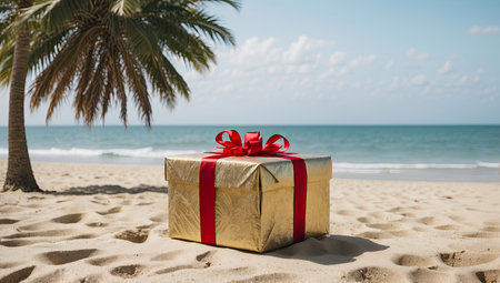 Christmas gift box on the sandy beach sea with palm trees In hot sun. Present tourist trip for Christmas and New Year to tropical countries, a vacation at the sea. AI generatedの素材