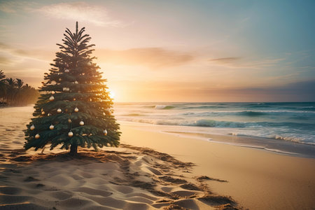 glowing Christmas tree with gift boxes on the ocean with palm trees. A tourist trip for Christmas and New Year to tropical countries, a vacation at the sea. Copy space. AI generatedの素材