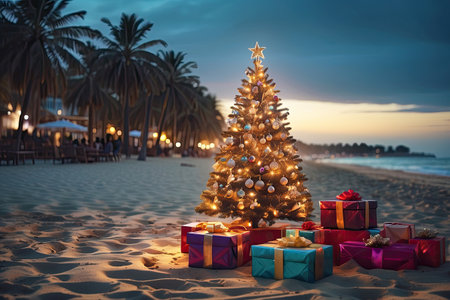 glowing Christmas tree with gift boxes on the ocean with palm trees. A tourist trip for Christmas and New Year to tropical countries, a vacation at the sea. Copy space. AI generatedの素材