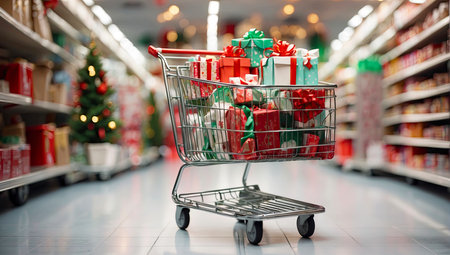 Supermarket trolley with green and red boxes of Christmas and New Year gifts between the supermarket's festive shelves. Shopping, buying a gift. AI generatedの素材