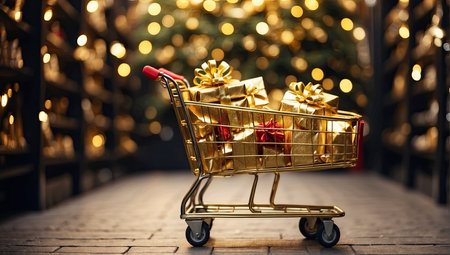 A supermarket cart with gold and red boxes of Christmas and New Year gifts between the supermarket's festive shelves. Shopping, buying a gift. AI generatedの素材