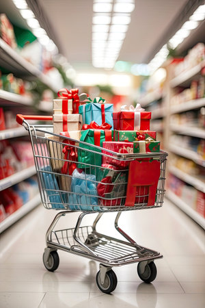 Supermarket trolley with green and red boxes of Christmas and New Year gifts between the supermarket's festive shelves. Shopping, buying a gift. AI generatedの素材