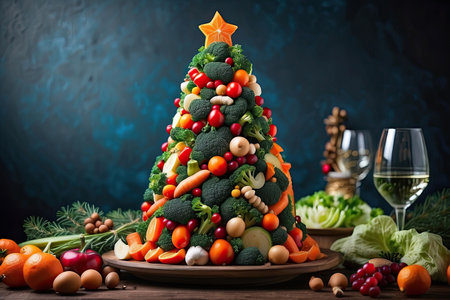 A Christmas tree made of natural healthy vegetables on a festive New Year's table. Proper nutrition, health care, vegetarianism and veganism. AI generatedの素材
