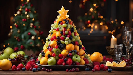 A Christmas tree made of natural healthy fruits on a festive New Year's table. Proper nutrition, health care, vegetarianism and veganism. AI generatedの素材