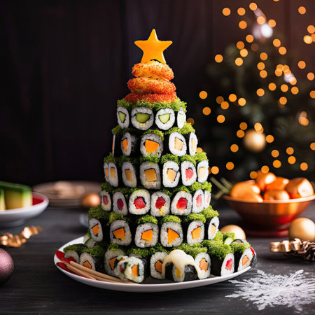 appetizer in shape of Christmas tree from rolls, sushi, red fish, traditional Japanese cuisine on festive New Year's table. Menu, recipe and beautiful presentation. Christmas decor and table setting. AI generatedの素材