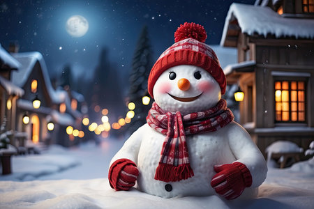 Kind, cartoon Funny snowman in knitted hat and scarf on background cozy houses in village with warm light inside. Winter fairy tale, snowfall, snow entertainment, Christmas and new year. AI generatedの素材