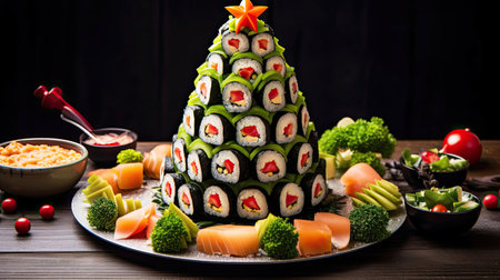 appetizer in shape of Christmas tree from rolls, sushi, red fish, traditional Japanese cuisine on festive New Year's table. Menu, recipe and beautiful presentation. Christmas decor and table setting. AI generatedの素材