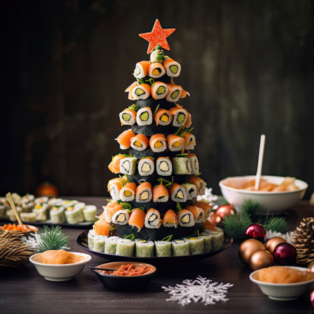 appetizer in shape of Christmas tree from rolls, sushi, red fish, traditional Japanese cuisine on festive New Year's table. Menu, recipe and beautiful presentation. Christmas decor and table setting. AI generatedの素材
