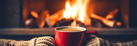 A warming mug of coffee in a village house near the fireplace in the hands of a girl in a sweater. Cozy winter, Christmas, New Year. Banner. AI generatedの素材
