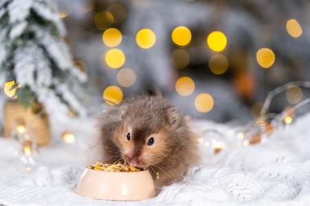 A funny shaggy fluffy hamster nibbles feed seeds from a bowl on a Christmas background with fairy lights and bokehの写真素材