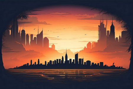 The silhouette of a modern city with multi-storey buildings at sunset in the evening. AI generatedの素材