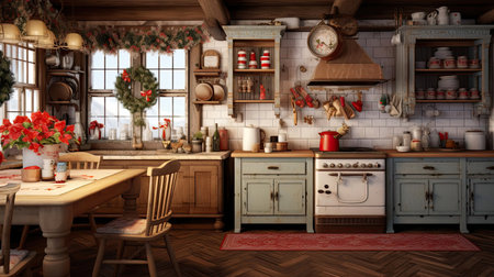 Cozy village kitchen with Christmas decor, new Year's mood, preparing for the holiday, utensils. Merry Christmas and Happy New Year greeting card, home warmth. AI generatedの素材