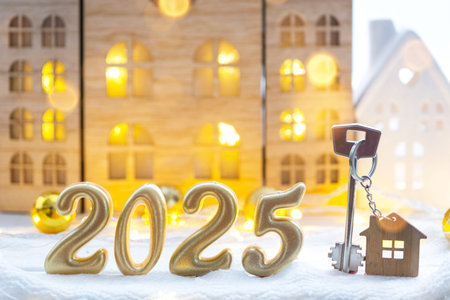 Golden figures number 2025, key and tiny home on background of cozy windows of a house with warm...