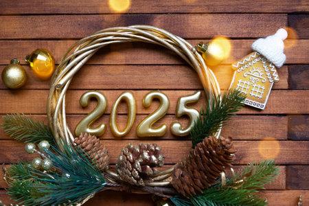 New Year House key with keychain cottage on festive brown wooden background with number 2025 in wreath, lights of garlands. Purchase, construction, relocation, mortgage, insuranceの写真素材
