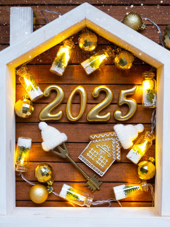 House key with keychain cottage on festive brown wooden background with stars, lights of garlands. New Year 2025 golden letters under the roof. Purchase, construction, relocation, mortgage, insuranceの写真素材