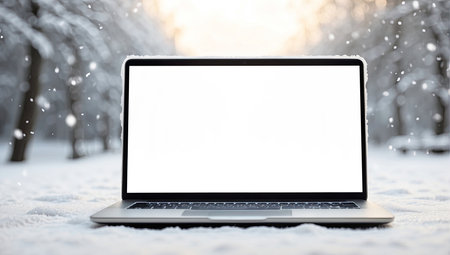 Laptop with a white screen mock up in winter, outdoor in the snow with a cozy blanket in a snowfall. Seasonal remote work, internet, shopping, Christmas and New Year. AI generatedの素材