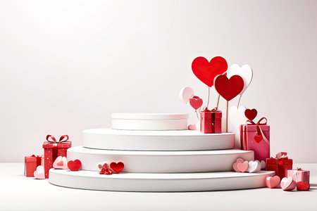 Podium for demonstration and installation of product with Valentine's day decor, with red hearts, roses, gift boxes on white background. Romantic background, date invitation, date invitation, wedding. AI generatedの素材