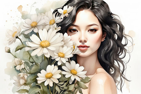 The watercolor silhouette of an Asian woman with daisies in her hair is a delicate spring and summer portrait. Freedom, femininity, skin care, wedding. AI generatedの素材