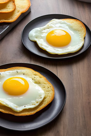 Fried eggs on a black plate with toast and herbs. Traditional delicious breakfast. AI generatedの素材