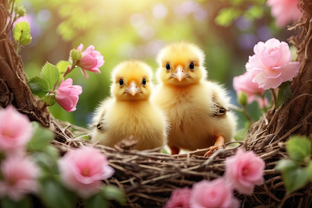 Cute fluffy yellow chicks in a spring blooming nest of twigs and flowers in nature. Spring card, spring time, children, childhood. AI generatedの素材