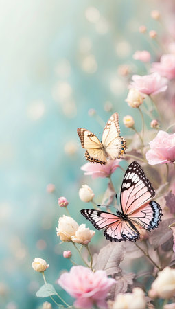 Pastel color butterflies on delicate spring flowers in a field with a space for text. Spring time. AI generatedの素材